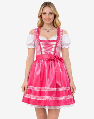 Front view of bright pink traditional women dirndl dress with satin apron, lace trim bodice and Bavarian Oktoberfest styling