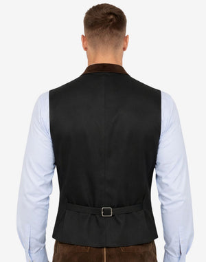 Back view of brown Bavarian vest for men with adjustable strap, classic tailoring and traditional Oktoberfest styling.