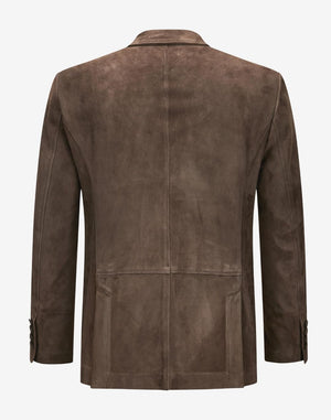 Back view of brown suede mens Trachten blazer showcasing tailored fit, smooth suede finish, and traditional Alpine craftsmanship.