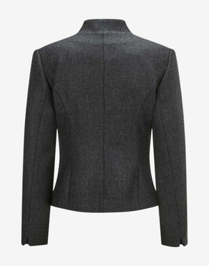 Back view of a women’s charcoal grey wool trachten jacket featuring a stand collar, tailored waist seams, long sleeves, and a clean structured Alpine heritage design.