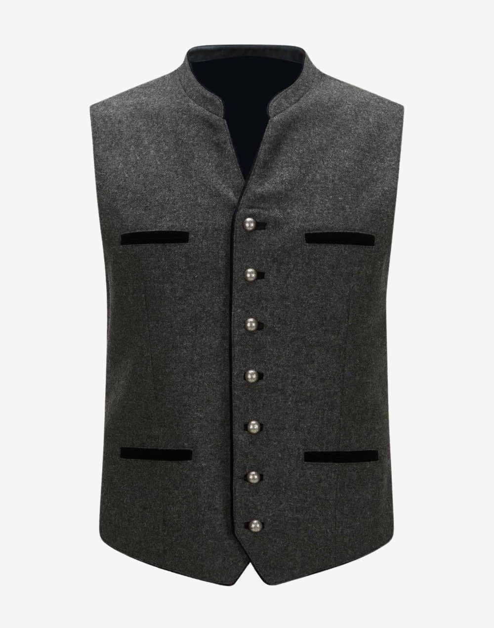 Front view of charcoal grey German vest for men made from premium wool blend, featuring traditional Trachten design, stand collar, decorative metal buttons and tailored Oktoberfest fit.