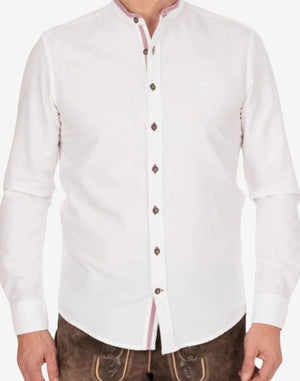 Model wearing classic alpine shirt for men highlighting traditional collar style, decorative buttons and authentic Bavarian outfit look