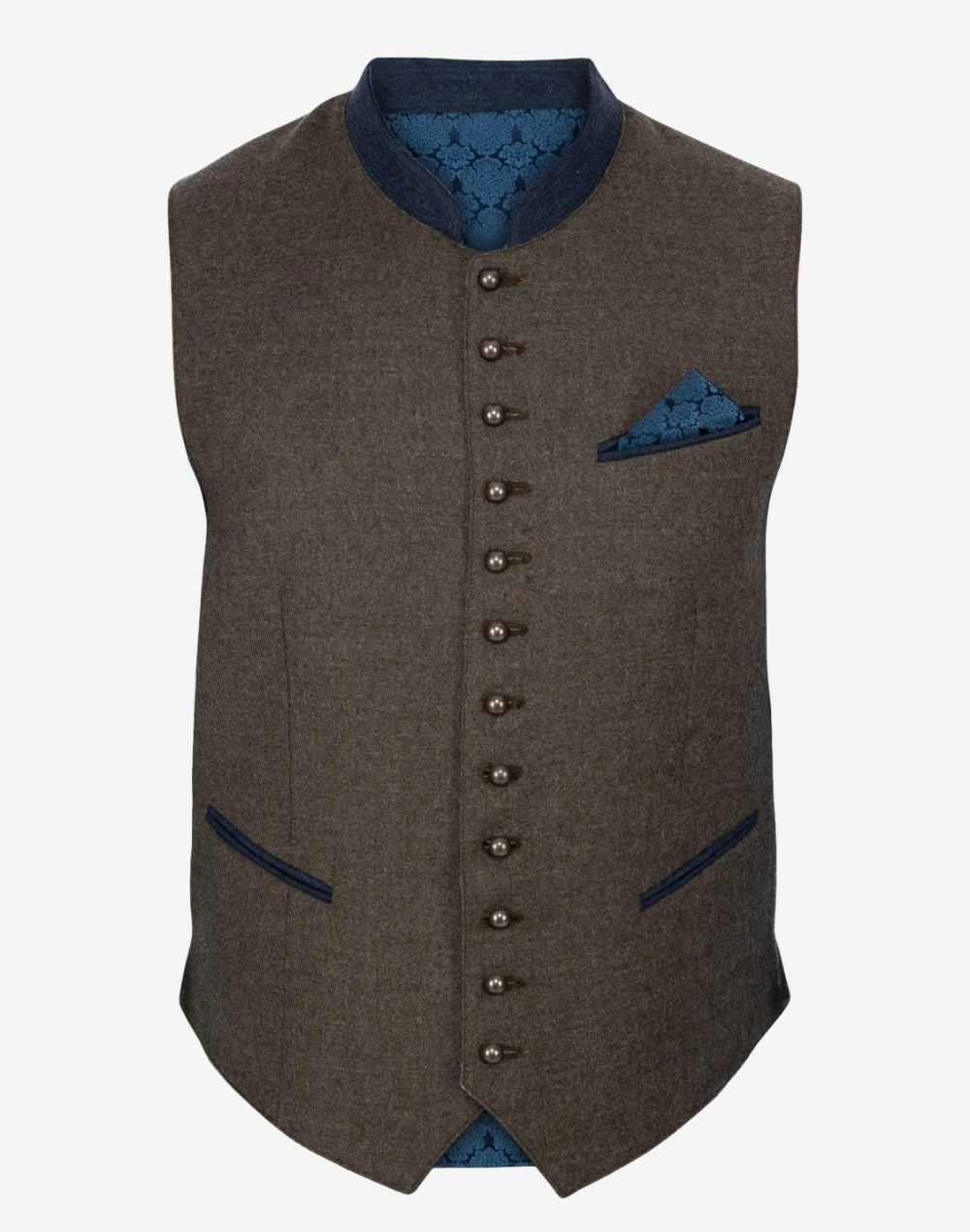 Front view of Classic Alpine Trachten vest for men in traditional brown wool featuring Bavarian metal buttons, blue collar trim and authentic Oktoberfest waistcoat styling.