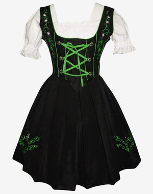 Front view of dirndl dress highlighting black skirt, green lace corset front and embroidered alpine floral design accents