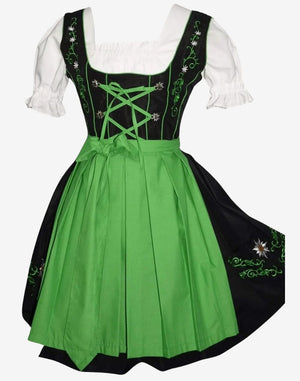 classic Bavarian dirndl dress for women with green apron, lace blouse, corset bodice and floral embroidery
