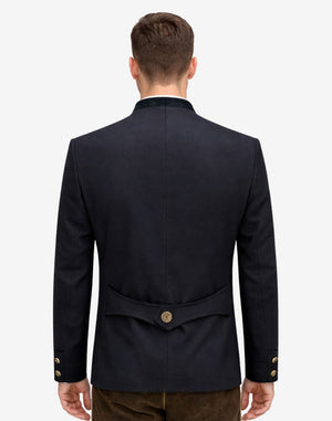 Back view of model wearing Classic Bavarian Jacket for Men showing tailored alpine fit with adjustable rear strap