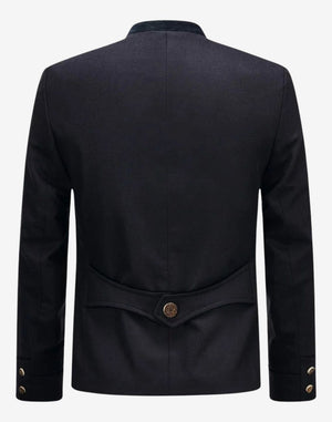 Back view of classic Bavarian jacket for men showing structured rear panel, clean tailoring and authentic German alpine fit style