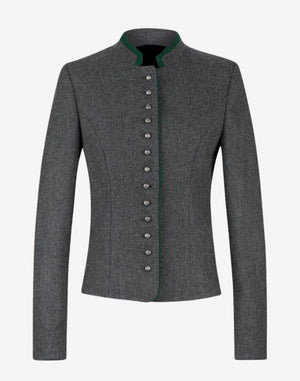 Front view of a women’s dark grey traditional Bavarian trachten jacket with green trim, button-front detail, and tailored fit, styled over a dirndl dress.