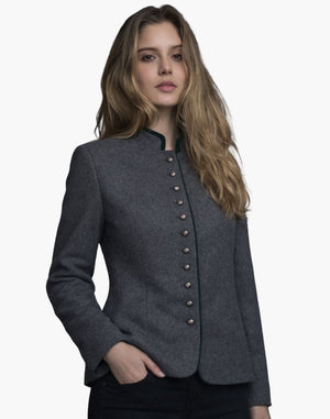 Woman wearing a gray blazer with button details on a white background
