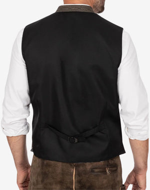 Back view of classic Bavarian vest for men featuring adjustable waist strap, traditional tailoring and textured alpine fabric finish