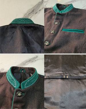 Collage of a dark brown garment with green trim on a marble surface