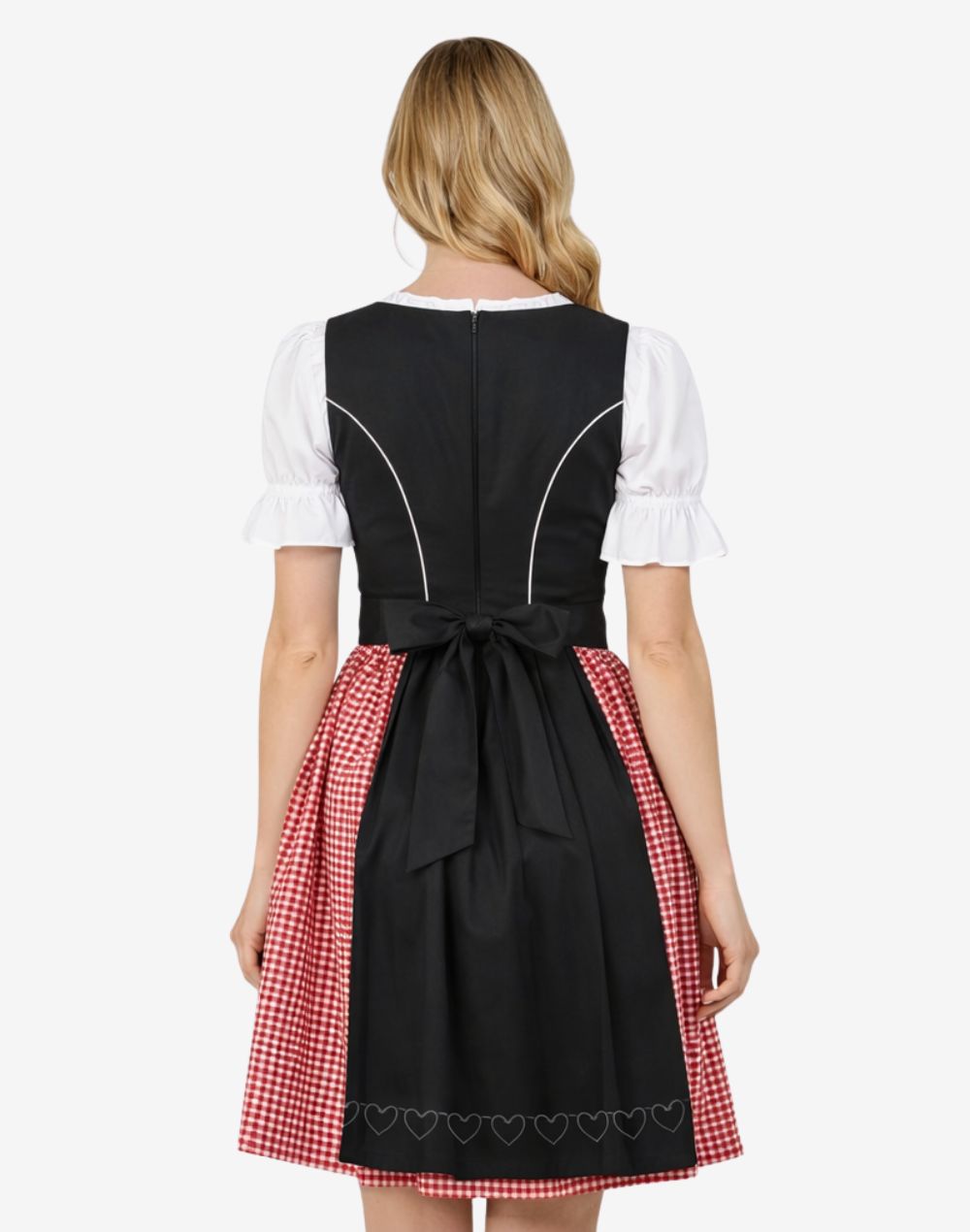 Rear view of black dirndl dress showing fitted bodice, apron tie bow and red gingham skirt detail with traditional structure