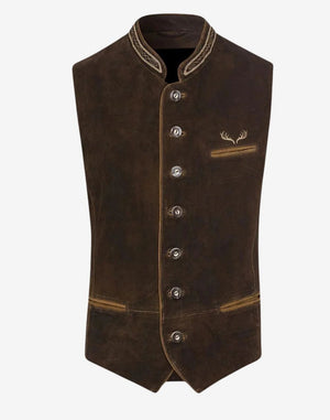 Front view of classic brown Alpine embroidered vest featuring traditional Trachten design, decorative buttons, and embroidered chest detail.
