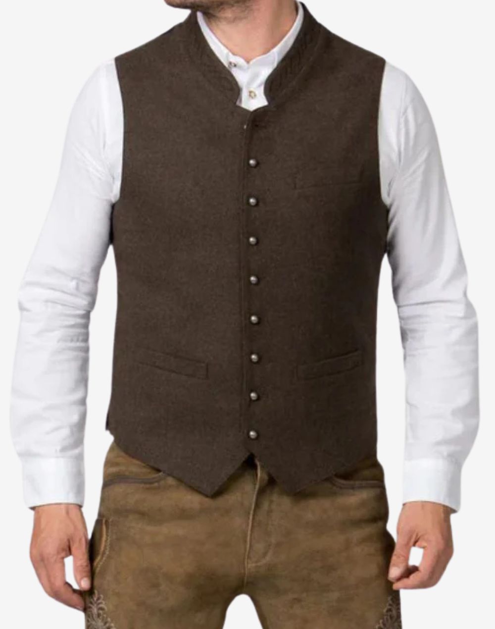 Front view of classic brown wool mens Trachten vest featuring premium wool fabric, traditional button closure, tailored fit and authentic Bavarian alpine design ideal for Oktoberfest wear.