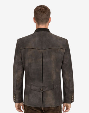 Back view of model wearing Classic German Leather Trachten Jacket featuring vintage alpine tailoring and adjustable back strap