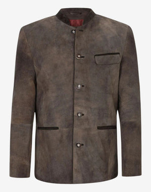 classic German leather trachten jacket for men featuring traditional stand collar, button closure and vintage leather texture