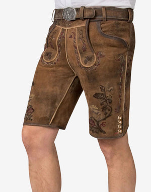 Brown leather shorts with floral embroidery on a white background