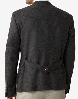 Back view of classic grey Bavarian jacket for men showing clean tailored silhouette, adjustable back strap detail, high-quality fabric, and traditional German Trachten outerwear design.