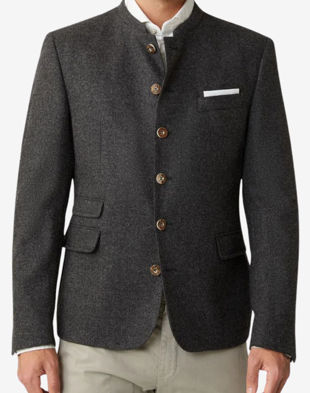 Detailed front view of grey Bavarian Trachten jacket for men highlighting premium textured fabric, decorative buttons, structured collar, chest pocket square, and refined Oktoberfest styling.