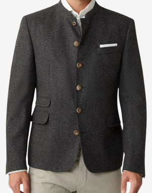 Detailed front view of grey Bavarian Trachten jacket for men highlighting premium textured fabric, decorative buttons, structured collar, chest pocket square, and refined Oktoberfest styling.