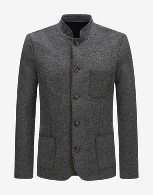 Back view of classic heritage wool jacket for men showing clean stitching, structured alpine fit and elbow patches.