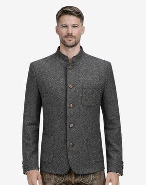 Front view of classic heritage jacket for men in grey wool featuring stand collar, traditional buttons and Bavarian inspired tailoring.