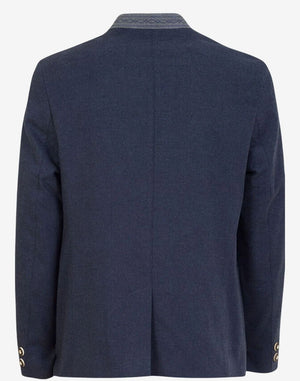 Back view of men’s navy blue Bavarian Trachten jacket showing clean tailored silhouette, structured fit, and premium wool construction for traditional German styling.