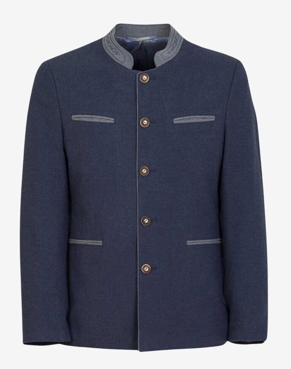 Front view of classic navy blue Trachten jacket for men featuring traditional Bavarian design, stand collar, horn-style buttons, tailored fit, and elegant Oktoberfest attire.