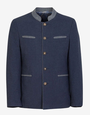 Front view of classic navy blue Trachten jacket for men featuring traditional Bavarian design, stand collar, horn-style buttons, tailored fit, and elegant Oktoberfest attire.