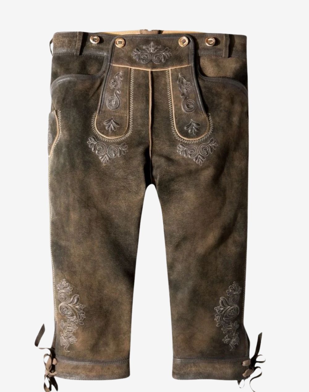 classic Oktoberfest bundhosen for men featuring embroidered bib flap, brown leather finish and knee length design