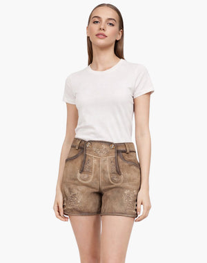 Woman wearing a white t-shirt and brown shorts on a white background