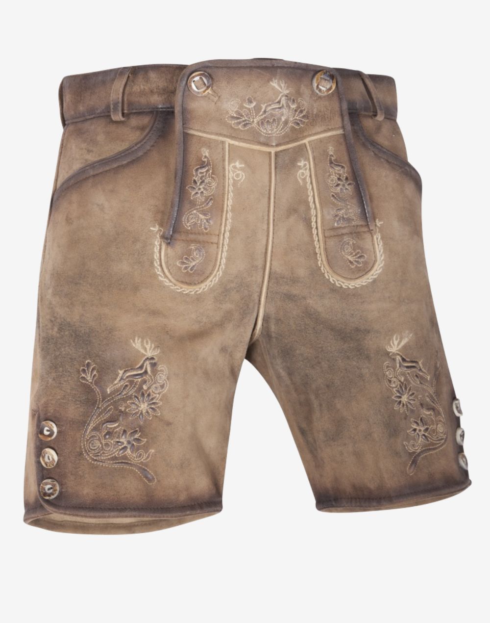 Front view of women’s brown suede lederhosen featuring traditional Bavarian embroidery, decorative front flap, side buttons, and a vintage distressed leather finish.