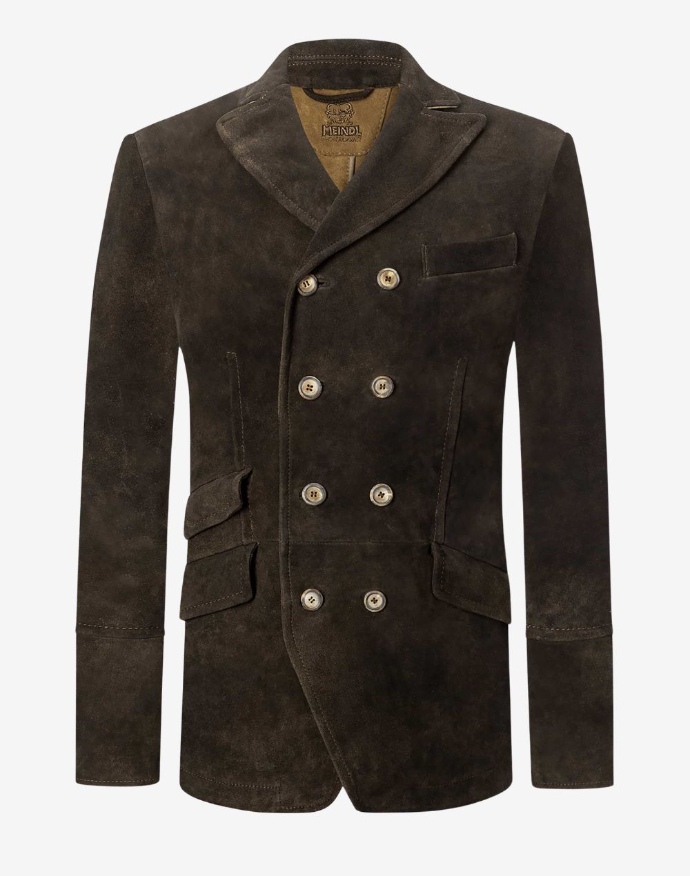 Front view of dark brown suede Trachten coat for men featuring double-breasted button design, traditional Bavarian style, and premium suede texture.