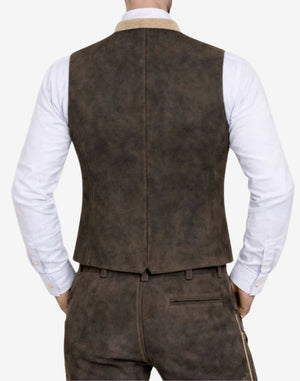 Back view of mens dark brown suede Trachten vest showing clean tailored fit and classic alpine styling.