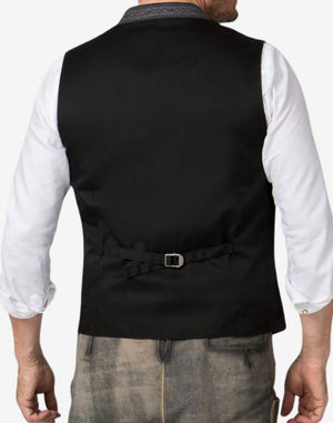 Back view of dark grey wool Alpine vest for men with adjustable strap, smooth lining, and classic tailored Bavarian style.