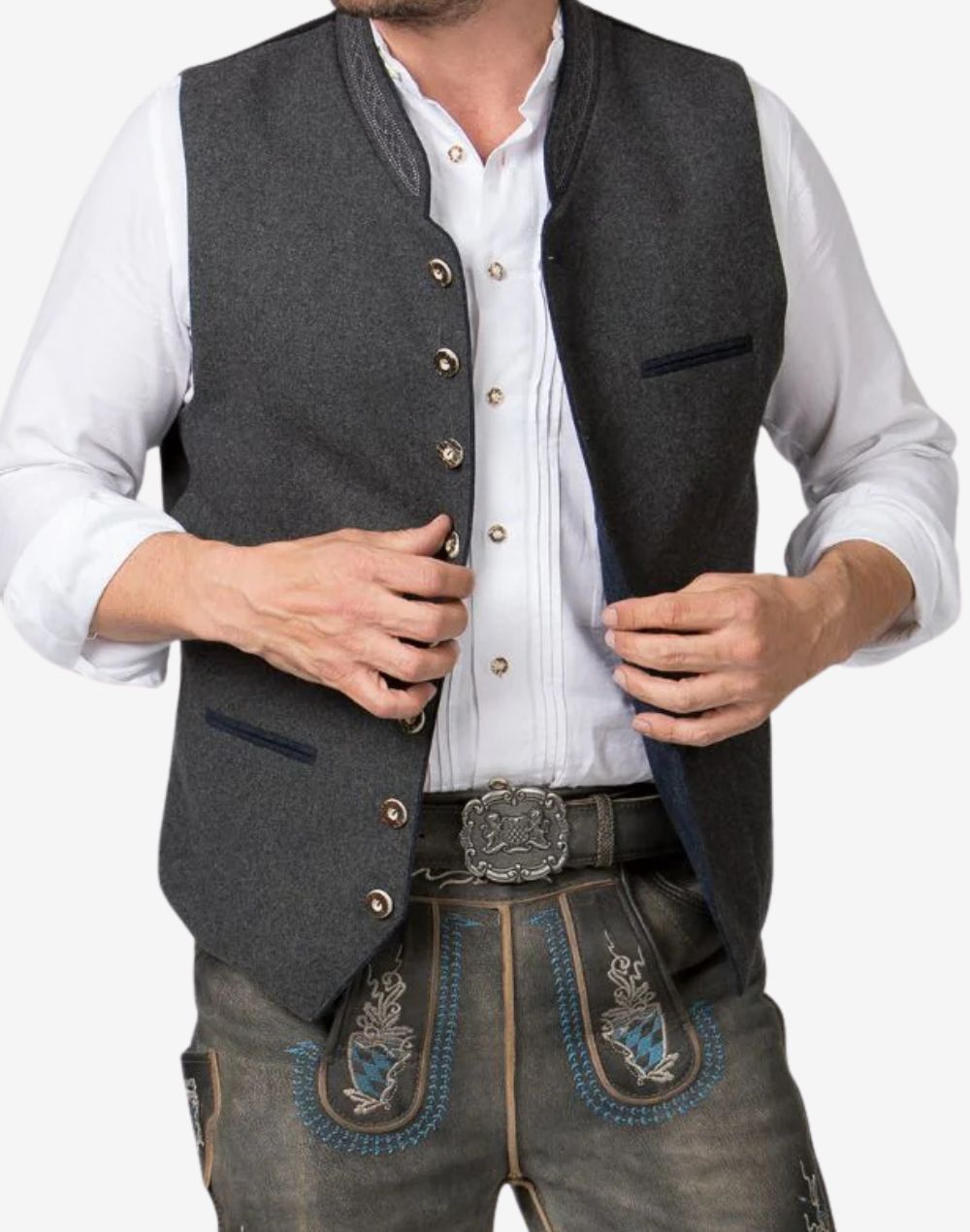 Front view of dark grey wool Alpine vest for men featuring traditional Bavarian Trachten design, button closure, and tailored fit.