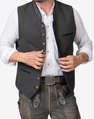 Front view of dark grey wool Alpine vest for men featuring traditional Bavarian Trachten design, button closure, and tailored fit.