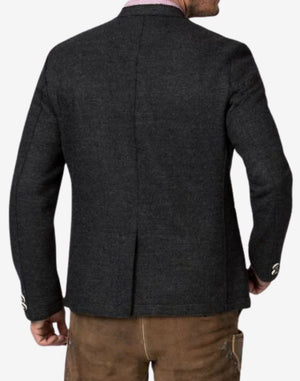 Back view of deep rustic charcoal Trachten jacket for men with clean tailored structure, classic Bavarian styling, and premium wool fabric.