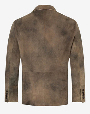 Back view of distressed suede men’s Trachten coat showcasing rustic texture, tailored fit, and traditional Bavarian design.