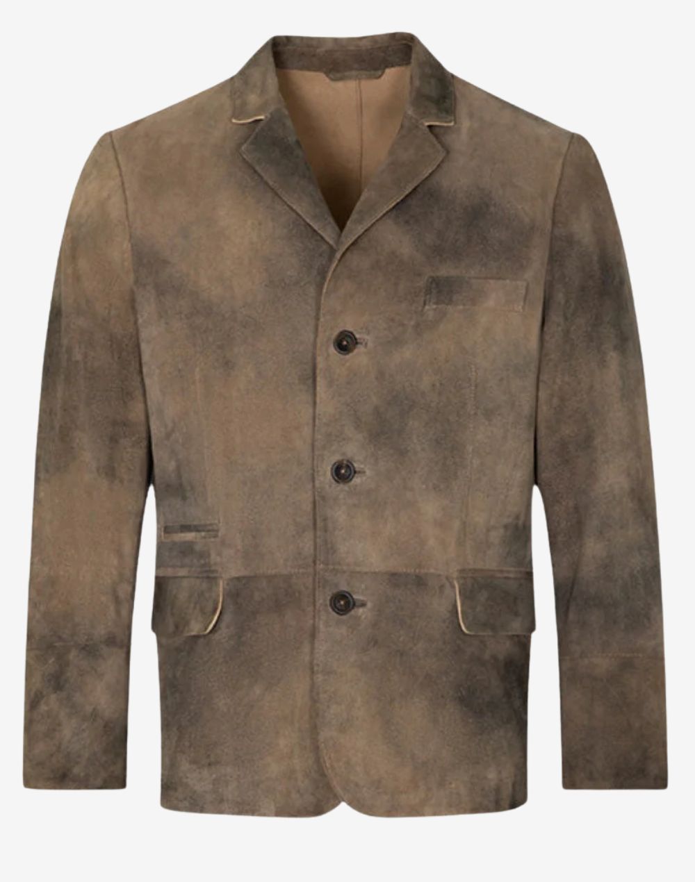 Front view of distressed suede men’s Trachten coat featuring vintage brown finish, classic Bavarian tailoring, button closure, and traditional flap pockets.