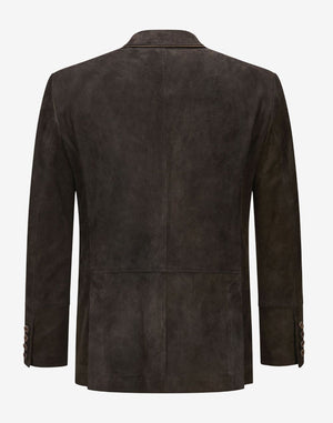 Back view of double breasted leather Trachten blazer showcasing tailored fit, smooth leather finish, and classic Alpine craftsmanship.