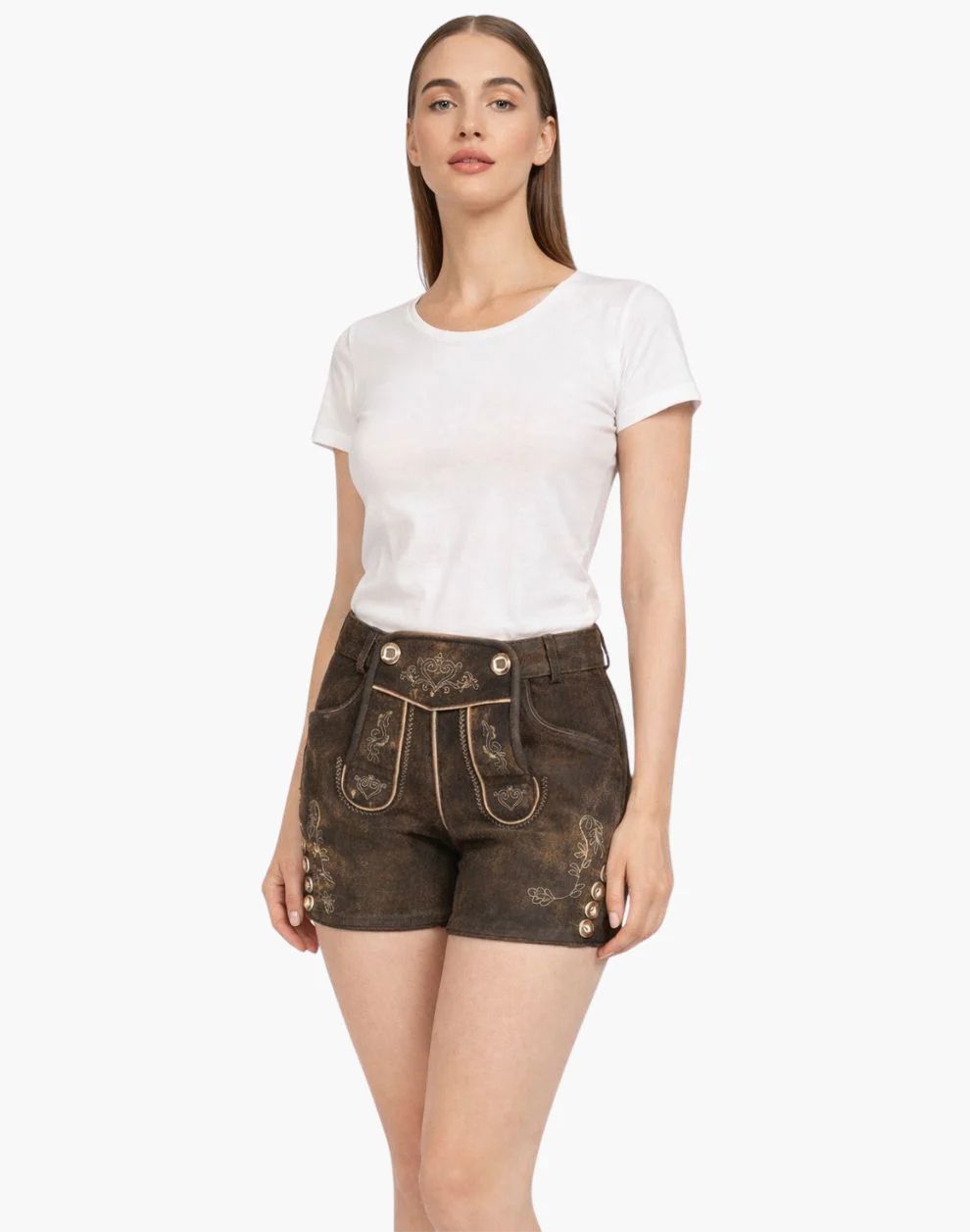 Woman wearing a white t-shirt and brown traditional shorts on a white background