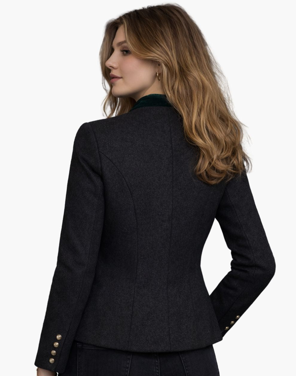 Rear angled view of women's elegant grey Bavarian Trachten jacket featuring green collar detail, fitted silhouette, and classic German styling on a white background.