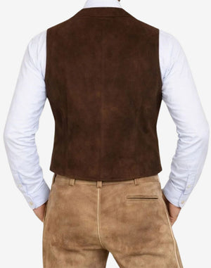 Back view of mens embroidered suede Trachten vest showcasing smooth dark brown suede texture, clean stitching, structured fit and authentic Bavarian traditional Oktoberfest clothing design.