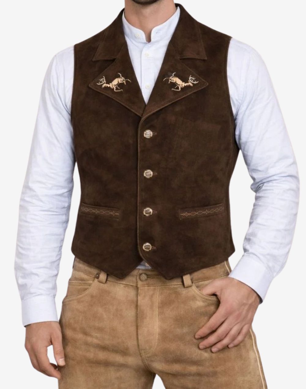 Front view of embroidered suede Trachten vest for men featuring rich dark brown suede, decorative alpine embroidery on lapels, traditional buttons, tailored fit and classic Bavarian Oktoberfest style.