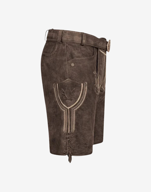 Fest Hunt Lederhosen for Men side view showing suede leather texture, stitched pocket, and decorative embroidery on thigh