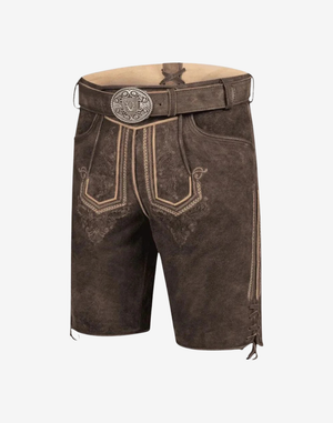 Fest Hunt Lederhosen for Men angled view with engraved buckle, front bib embroidery, and side knife-pocket style panel