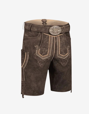 Fest Hunt Lederhosen for Men close-up view of front bib embroidery, contrast piping, and detailed belt buckle design