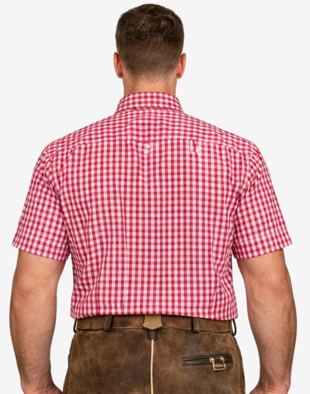 Model wearing Festival Ready Bavarian Shirts back view highlighting red check fabric and relaxed Oktoberfest style