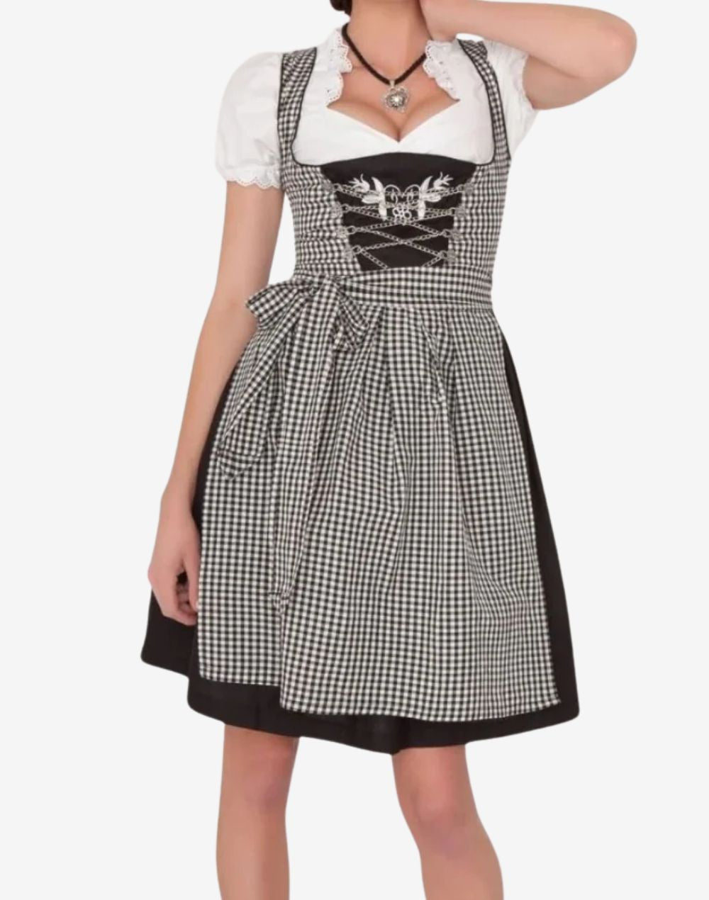 festival ready dirndl dress featuring black bodice, green apron and authentic Bavarian alpine styling